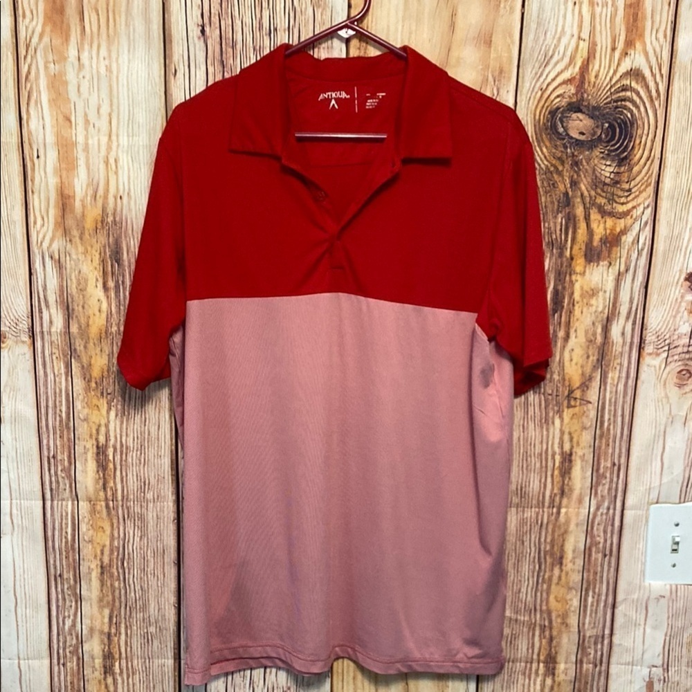 Antigua Mens Golf Polo Shirt Red & White Stripe Large Short Sleeve Active Wear